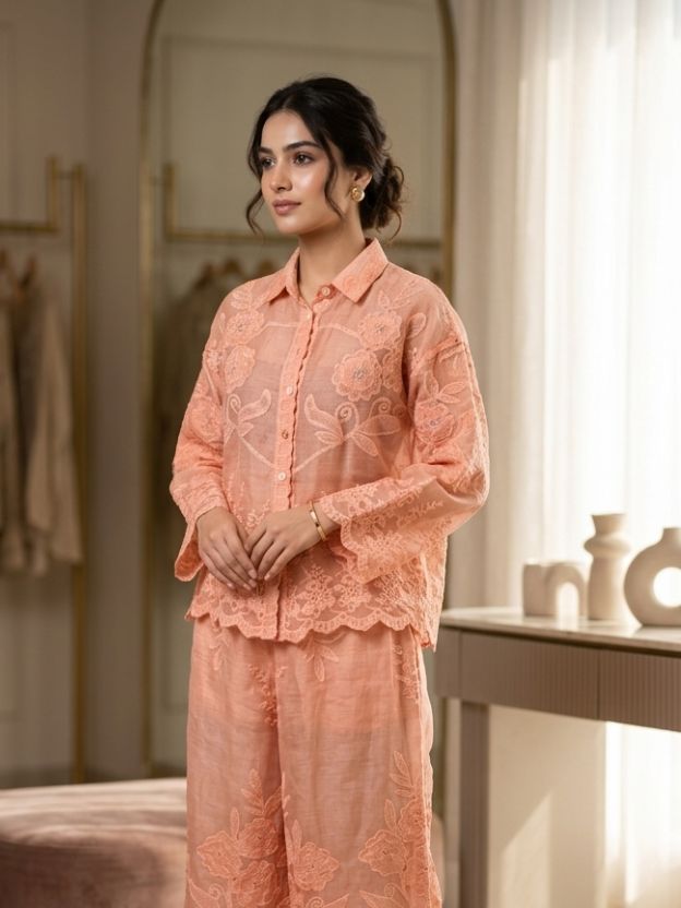 Elegant Embroidered Two-Piece Button-Down Shirt and Wide-Leg Pant Set