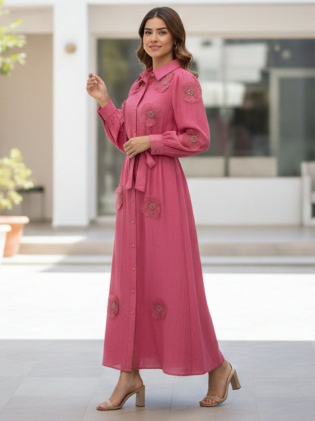 Floral Appliqué Sheer Midi Dress with Belt