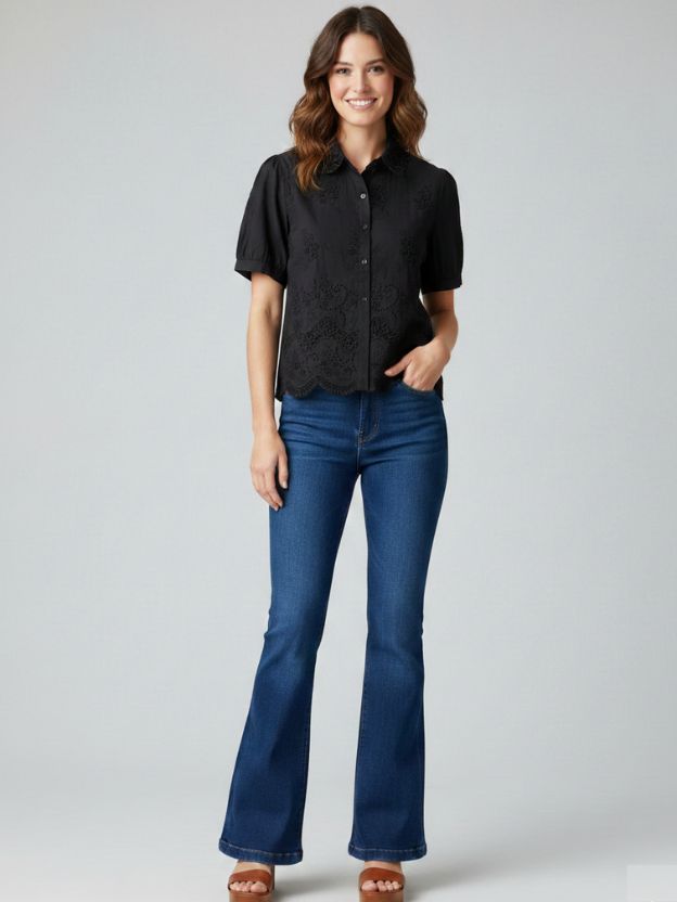 Elegant Embroidered Scalloped Hem Shirt