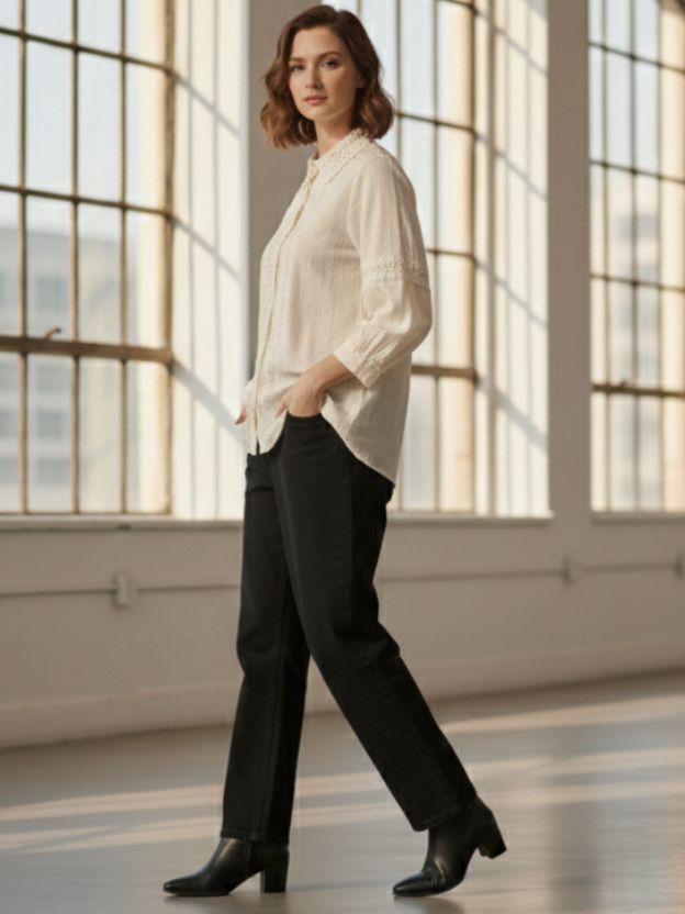 Elegant Lace Panel Button-Down Blouse