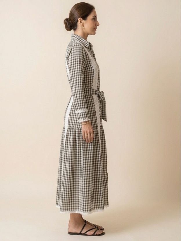 Elegant Gingham Shirt Dress with Lace Panel Detailing