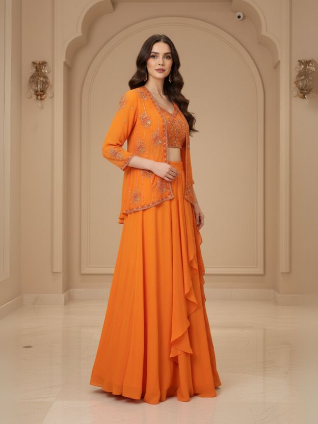 Aurora Flame Orange Embellished Crop Top with Ruffle Skirt & Jacket Set