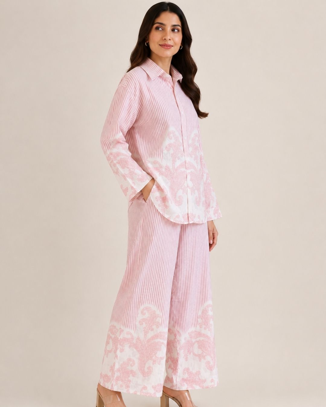 Women’s Striped Co-ord Set with Paisley Print | Button-Down Shirt & Wide Leg Pants