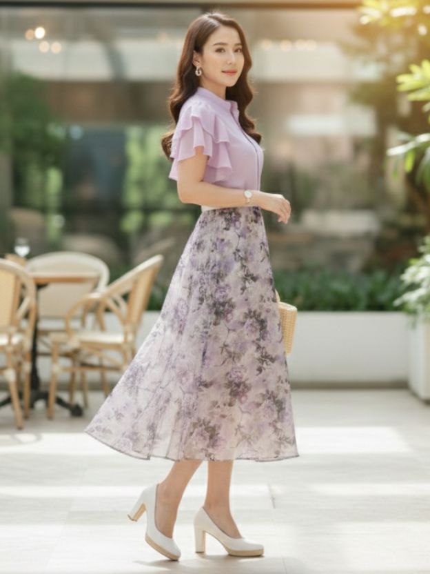 Elegant Floral Midi Dress with Soft Ruffle Details