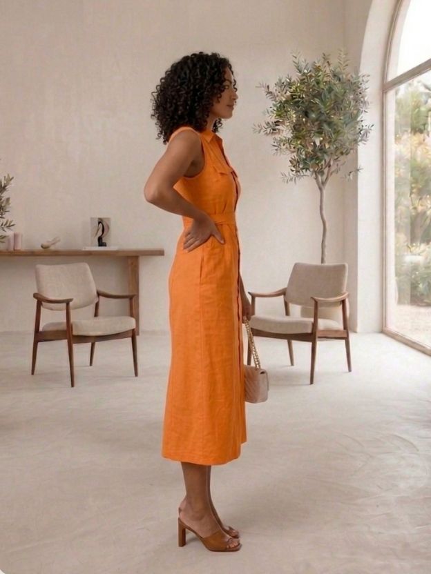 Mocha Elegance Linen Midi Dress