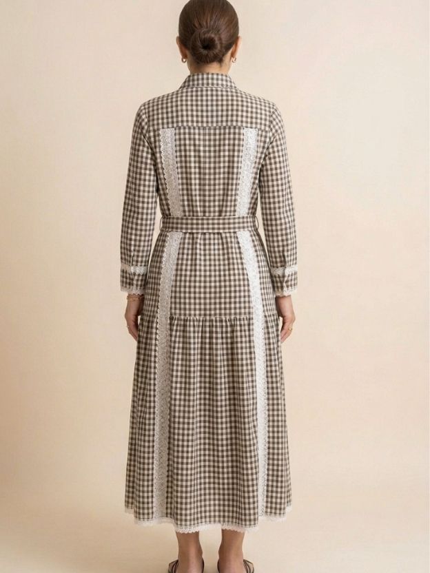 Elegant Gingham Shirt Dress with Lace Panel Detailing