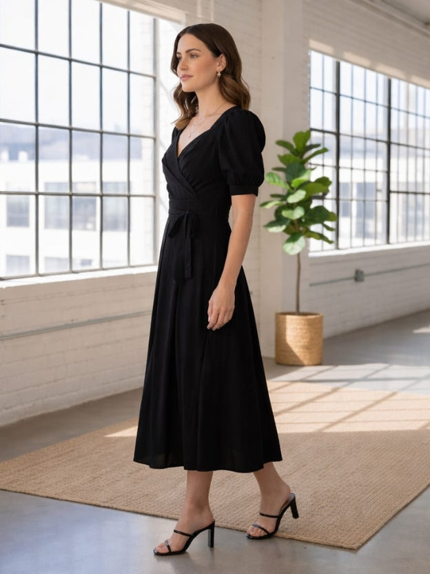 Elegant Burgundy Midi Dress for Women – Puff Sleeve Sweetheart Neckline Party Dress