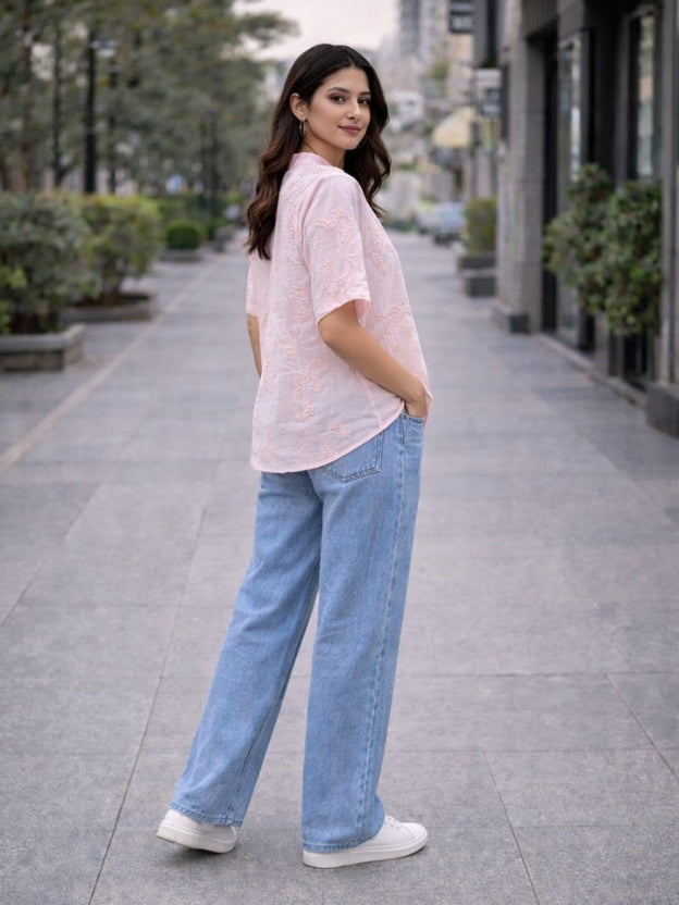 Women’s Embroidered Cotton Shirt – Summer Casual Short Sleeve Button Down Top