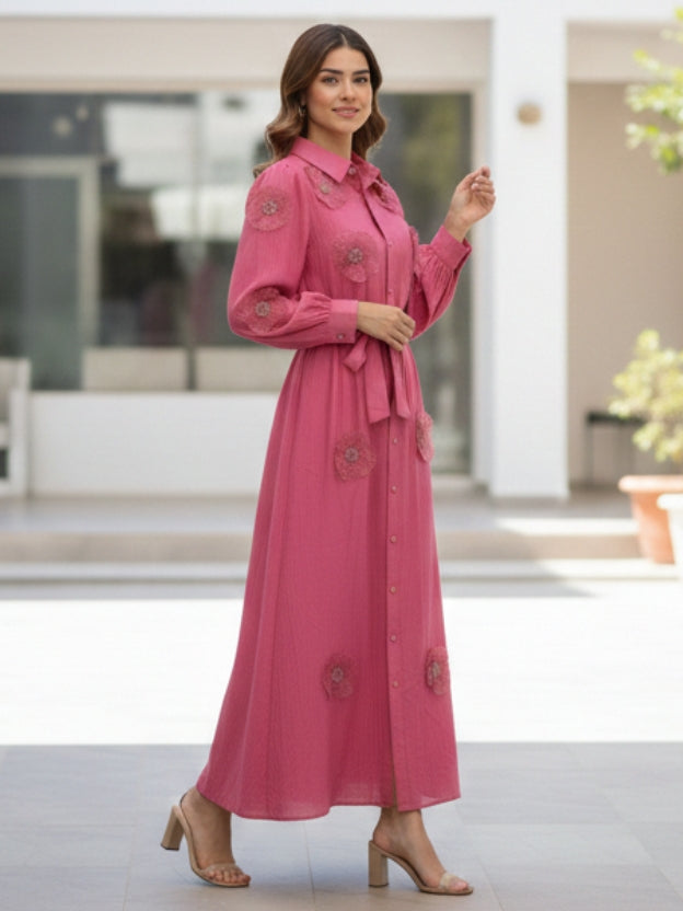 Floral Appliqué Sheer Midi Dress with Belt