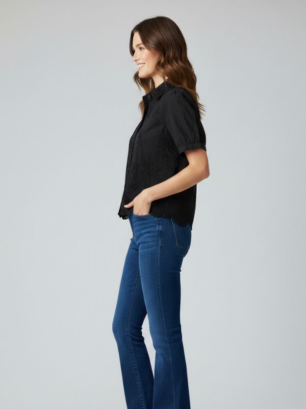 Elegant Embroidered Scalloped Hem Shirt