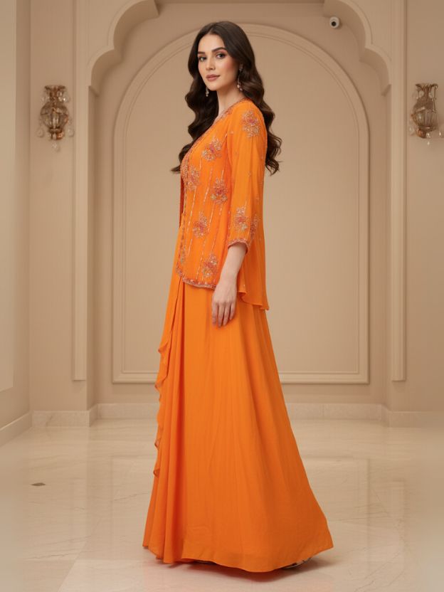 Aurora Flame Orange Embellished Crop Top with Ruffle Skirt & Jacket Set