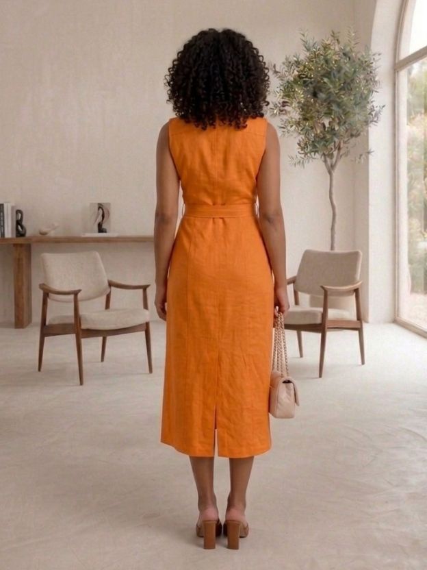 Mocha Elegance Linen Midi Dress