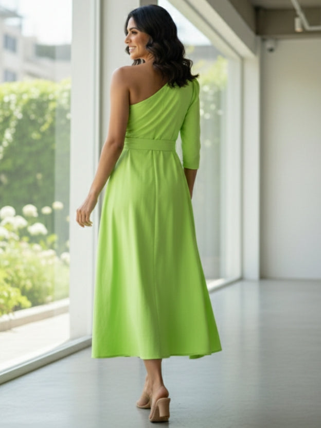 One-Shoulder Midi Dress with Waist