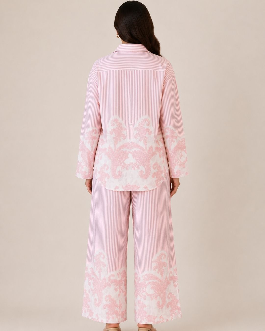 Women’s Striped Co-ord Set with Paisley Print | Button-Down Shirt & Wide Leg Pants