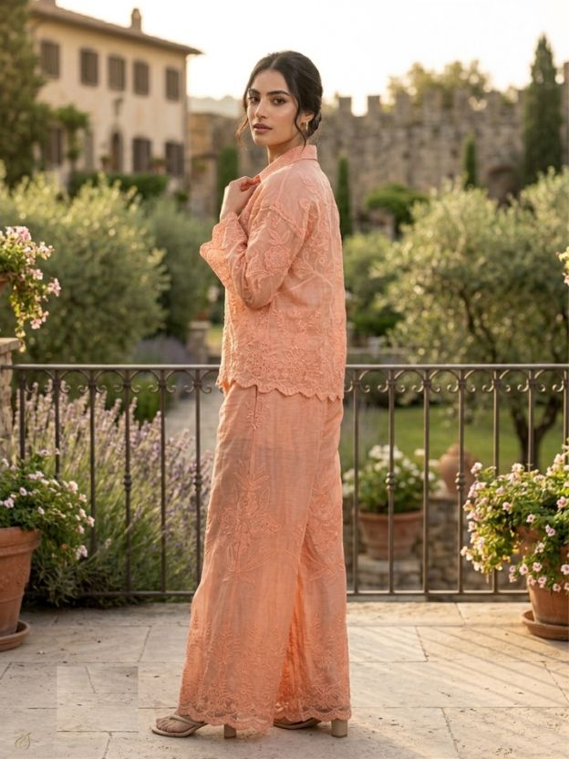 Elegant Embroidered Two-Piece Button-Down Shirt and Wide-Leg Pant Set