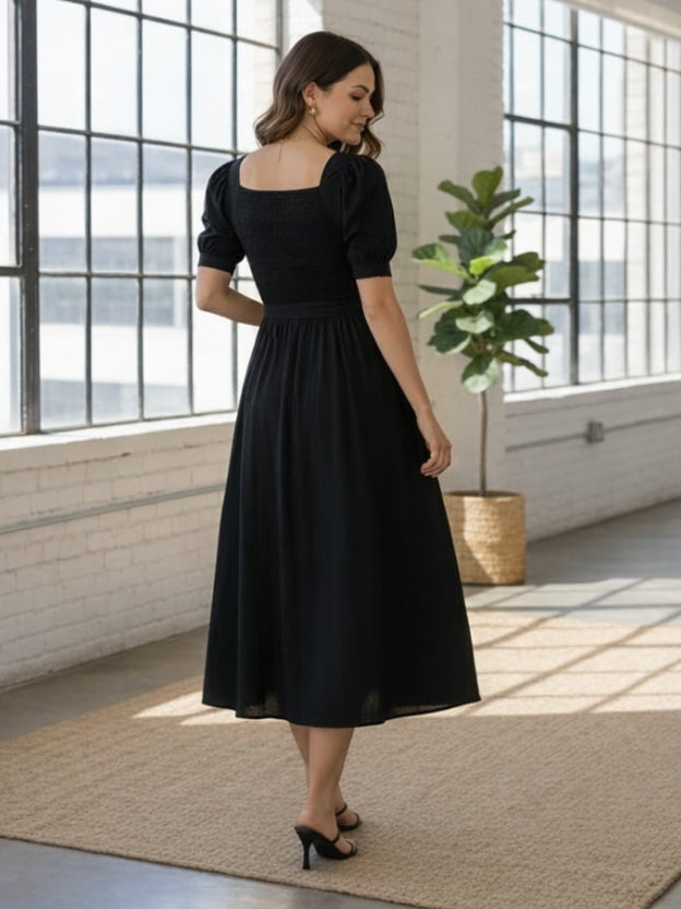 Elegant Burgundy Midi Dress for Women – Puff Sleeve Sweetheart Neckline Party Dress