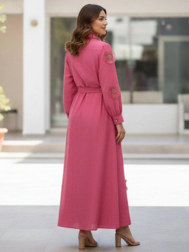 Floral Appliqué Sheer Midi Dress with Belt