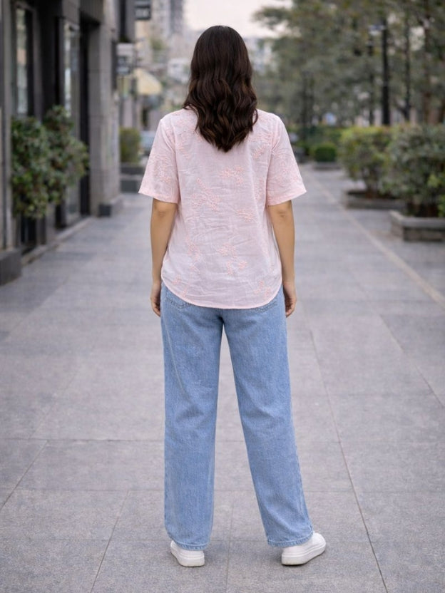 Women’s Embroidered Cotton Shirt – Summer Casual Short Sleeve Button Down Top