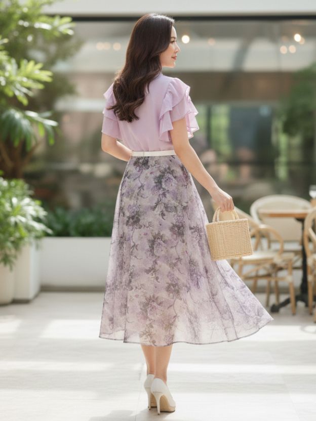 Elegant Floral Midi Dress with Soft Ruffle Details