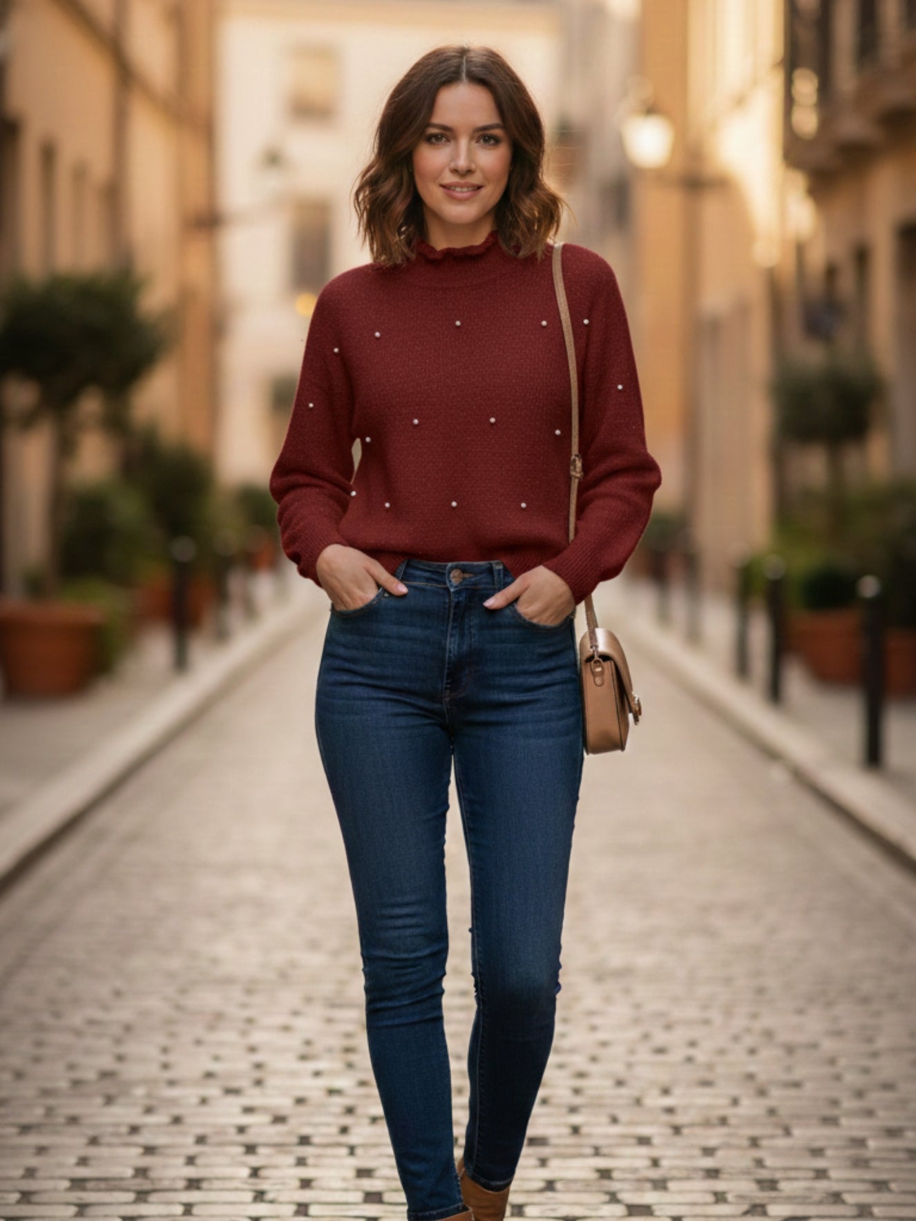 Classic Cream Knit High-Neck Top for Women | Office & Casual Wear
