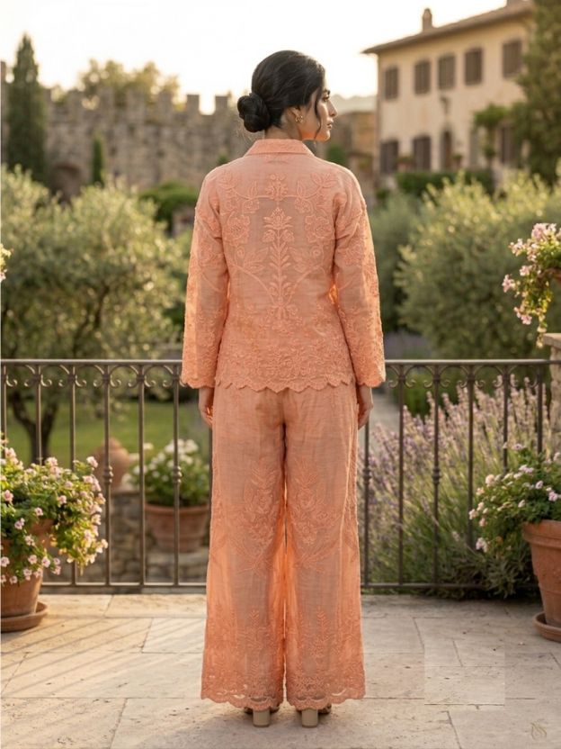 Elegant Embroidered Two-Piece Button-Down Shirt and Wide-Leg Pant Set