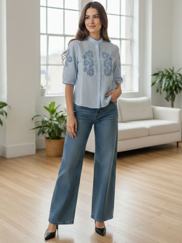 Elegant Embroidered Casual Shirt with Heart Detail