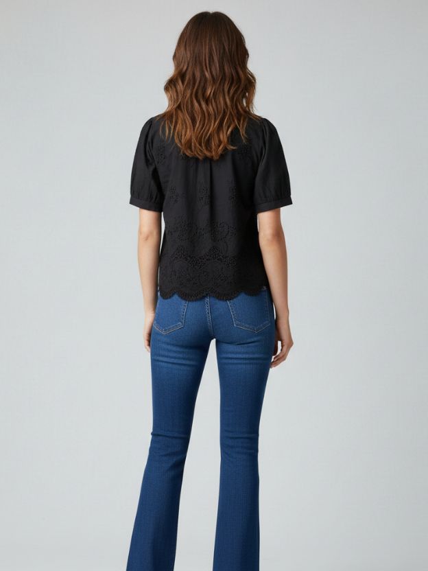 Elegant Embroidered Scalloped Hem Shirt