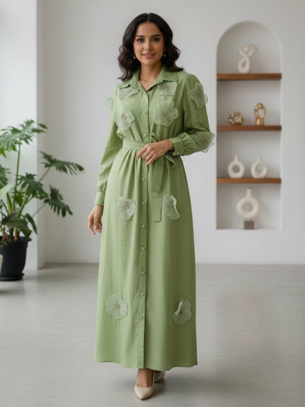 Floral Appliqué Sheer Midi Dress with Belt