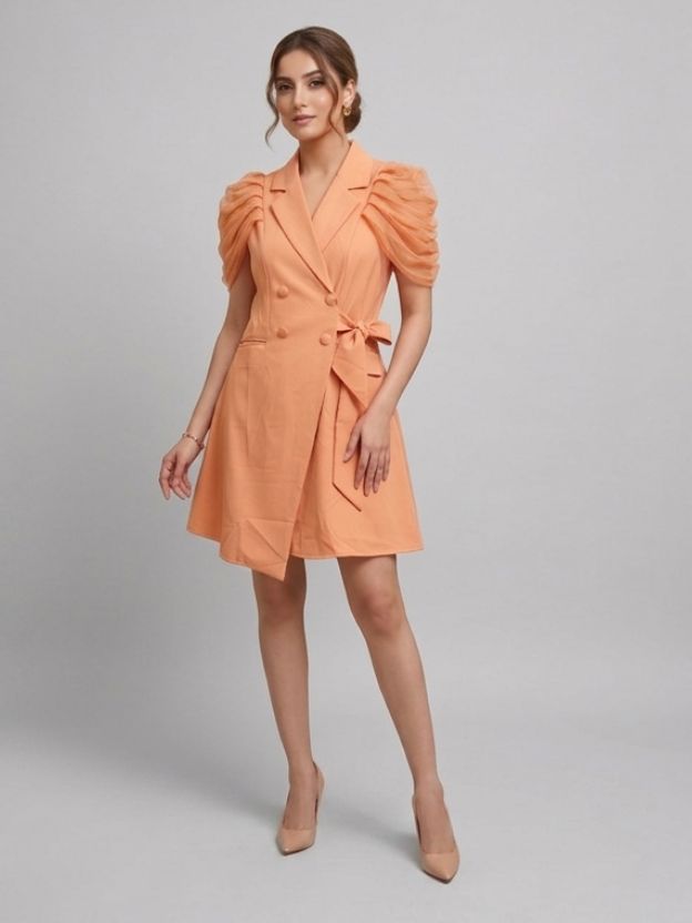 Puff Sleeve Blazer Dress - Double Breasted Tulle Detail Mini Dress