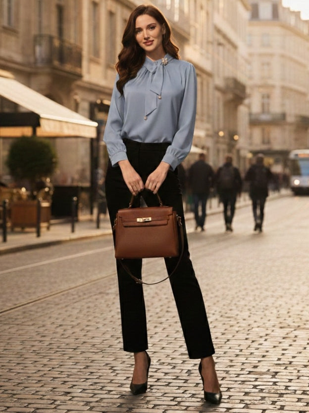 Elegant Tie-Neck Pearl Satin top