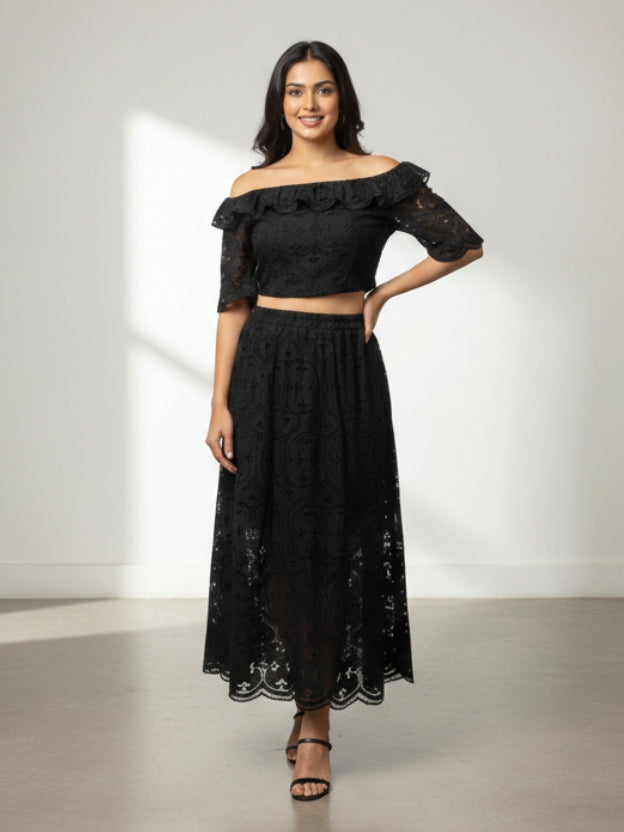 Elegant Off-Shoulder Lace Midi Dress