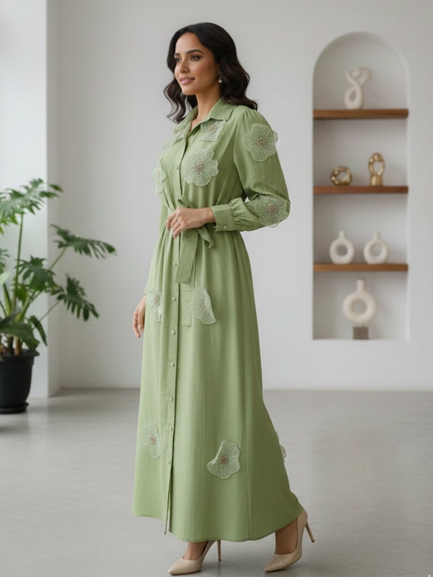 Floral Appliqué Sheer Midi Dress with Belt