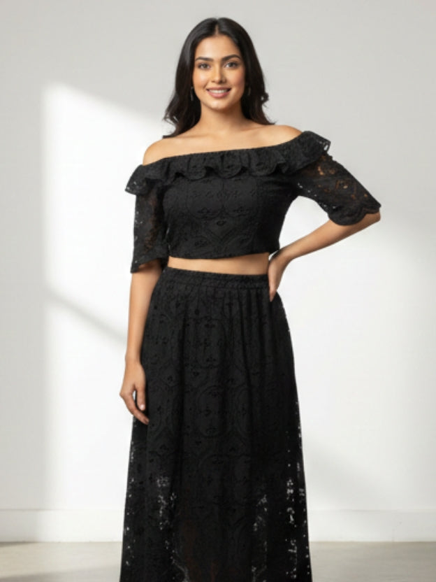Elegant Off-Shoulder Lace Midi Dress
