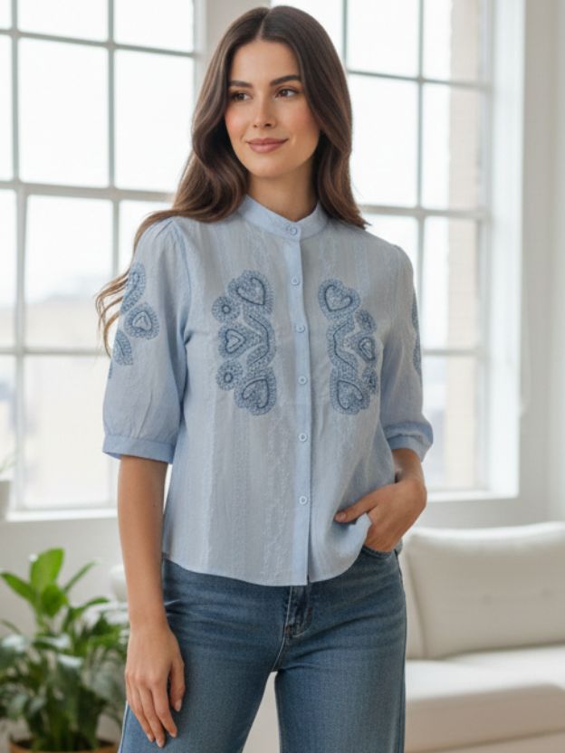 Elegant Embroidered Casual Shirt with Heart Detail