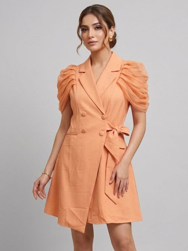 Puff Sleeve Blazer Dress - Double Breasted Tulle Detail Mini Dress