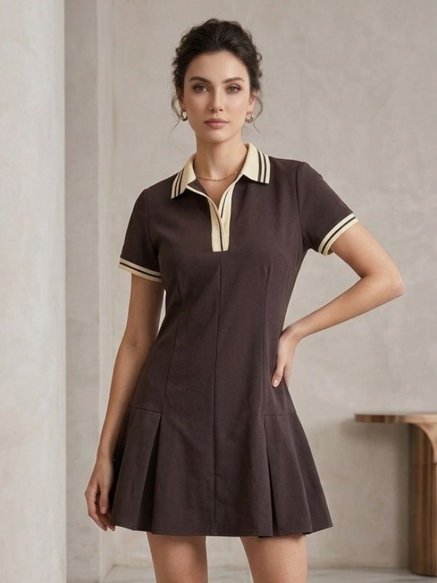 Classic Polo Collar Pleated Mini Dress