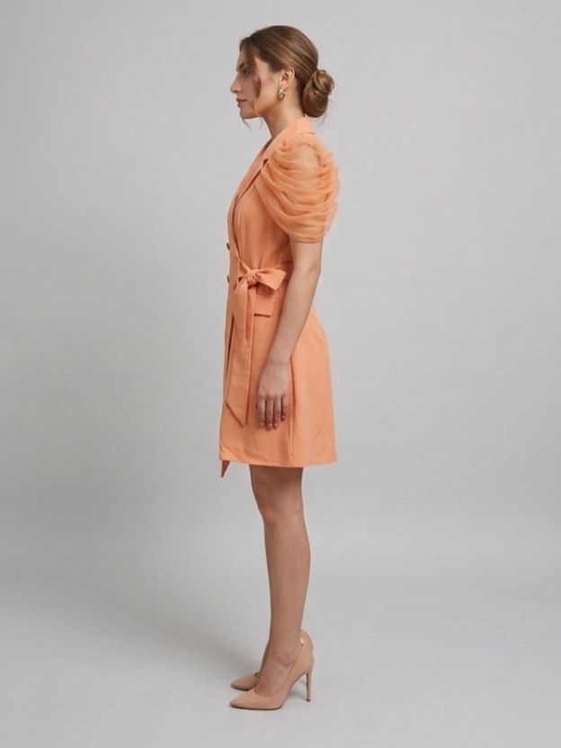 Puff Sleeve Blazer Dress - Double Breasted Tulle Detail Mini Dress