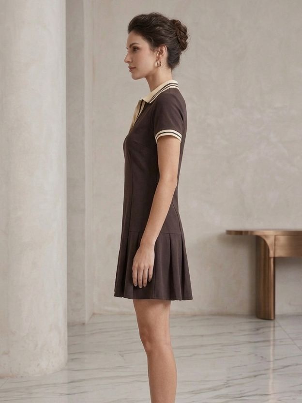 Classic Polo Collar Pleated Mini Dress