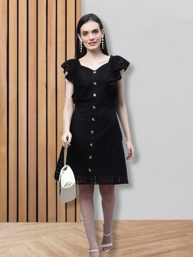 Embroidered Flutter Sleeve A-Line Cotton Dress