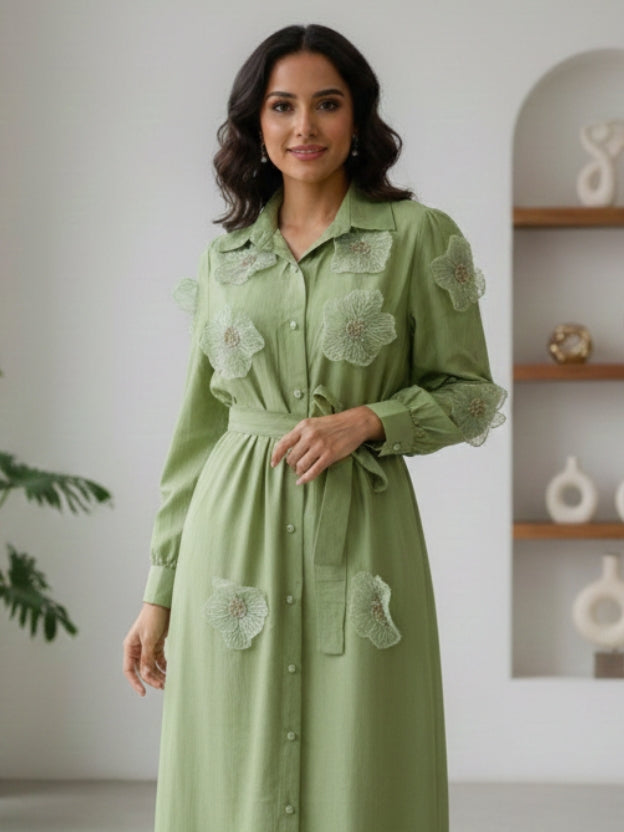 Floral Appliqué Sheer Midi Dress with Belt
