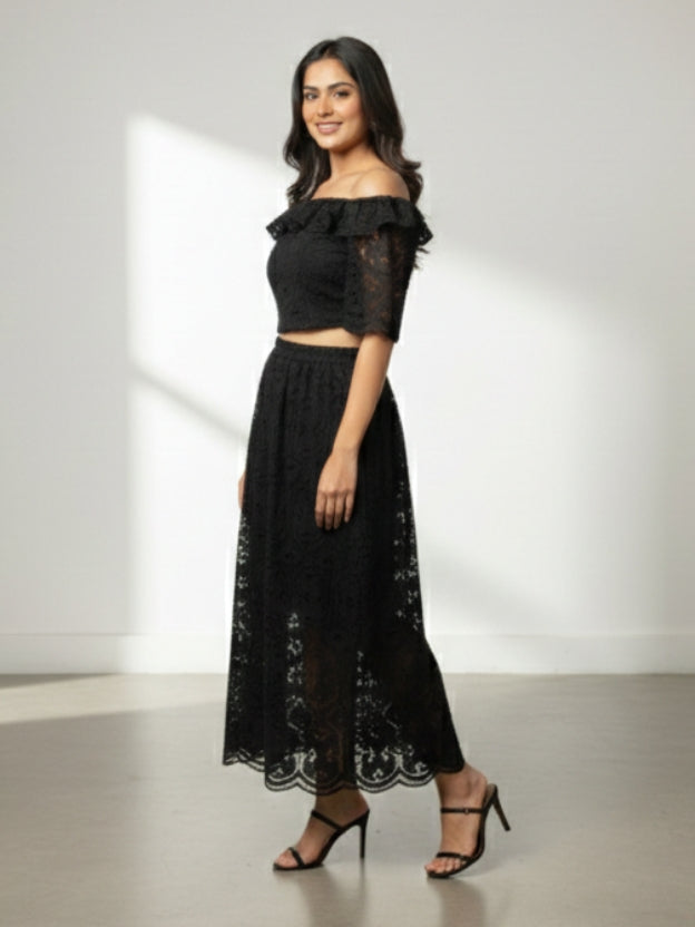 Elegant Off-Shoulder Lace Midi Dress