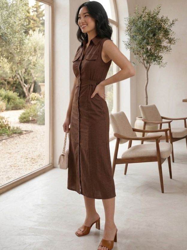 Mocha Elegance Linen Midi Dress