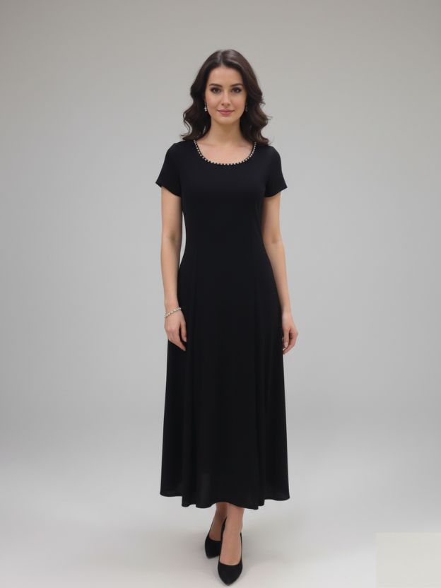 Elegant Black A-Line Maxi Dress with Pearl-Trim