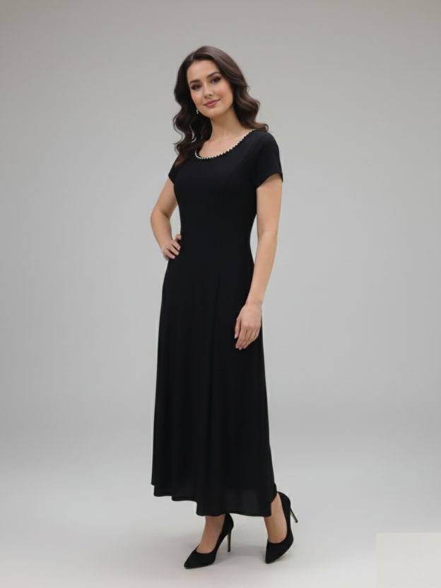 Elegant Black A-Line Maxi Dress with Pearl-Trim