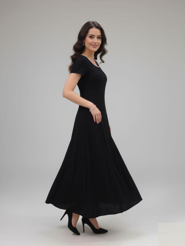 Elegant Black A-Line Maxi Dress with Pearl-Trim