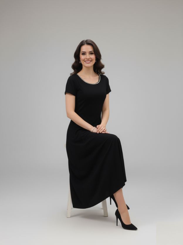 Elegant Black A-Line Maxi Dress with Pearl-Trim