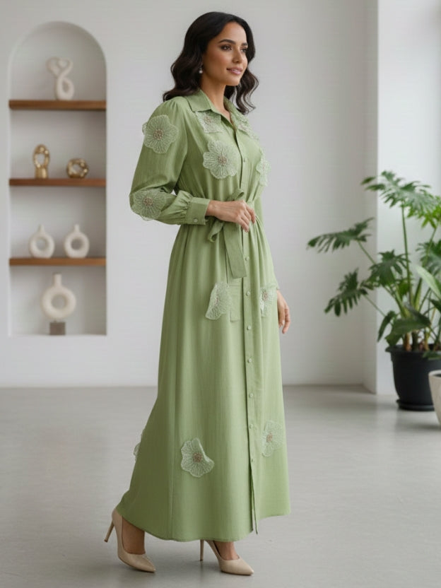 Floral Appliqué Sheer Midi Dress with Belt