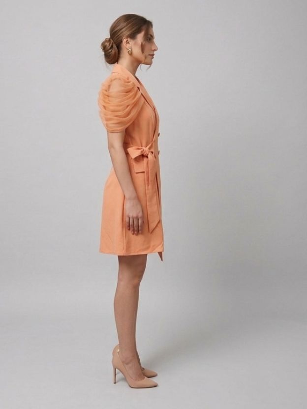 Puff Sleeve Blazer Dress - Double Breasted Tulle Detail Mini Dress