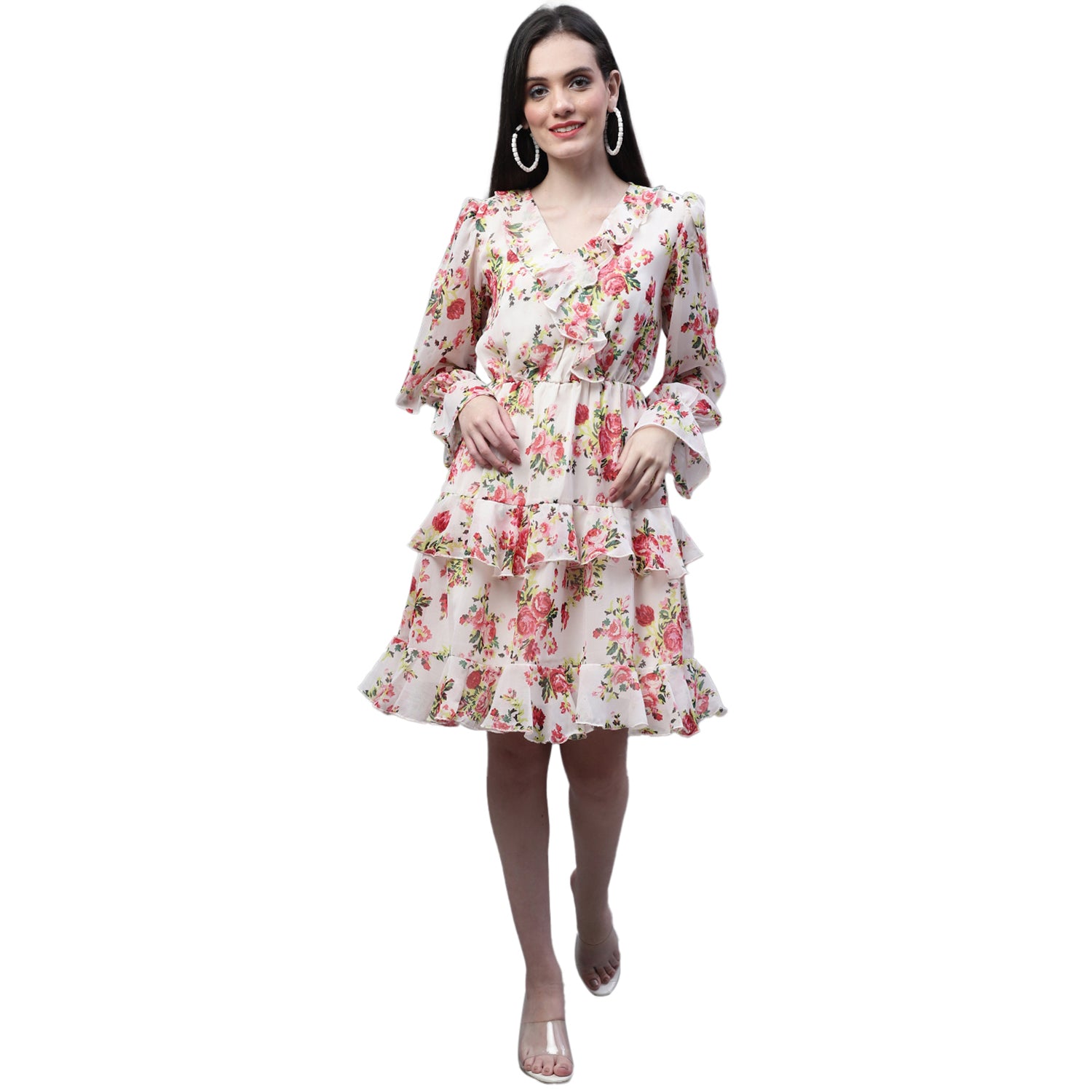 Floral Print V-Neck Bell Sleeve Ruffled Georgette Tired Fit & Flare Dress