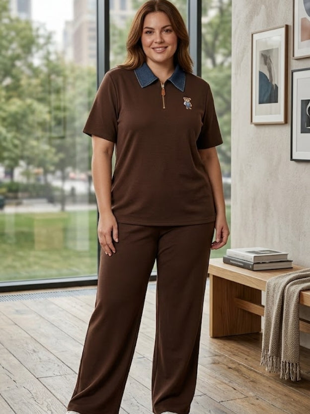 Chic Polo Collar Co-Ord Lounge Set with Wide-Leg Pants